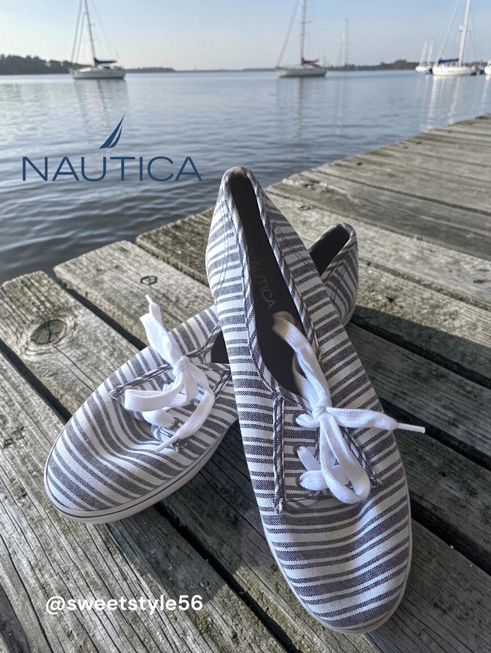 NAUTICA Black And White Striped Sneaker lace up chambray canvas shoe size 8.5